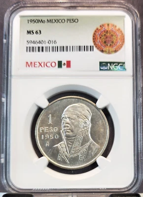 MÉXICO 1950 PLATA 1 PESO JOSE MORELOS NGC MS 63 BONITA MONEDA Foto 1 de 3