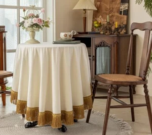 White Tablecloth Thickset Velvet with Beautiful Gold Tassels Vintage for Home - Picture 1 of 7