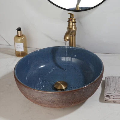 Bathroom Ceramic Basin Bowl Vessel Sink Antique Brass Mixer Faucet Drain Combo Foto 1 de 4