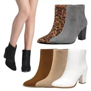 Women Classic Ankle Boots Almond Toe Booties Chunky Block Heel Side Zip Up Shoes - Picture 1 of 37