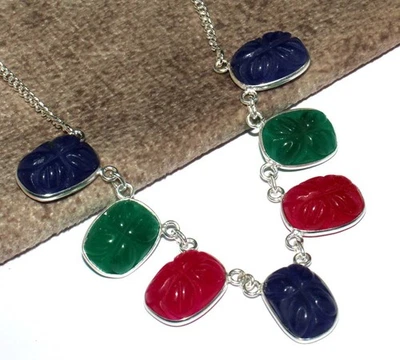 Collar de piedras preciosas de ónix verde hoja de calcedonia tallada rosa y azul 18" GW Foto 1 de 3