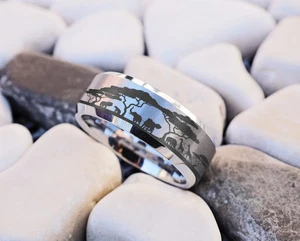 Fede Nuziale Unisex Argento Tungsteno Inciso Animali Africani Gioielli - 8mm - Foto 1 di 3
