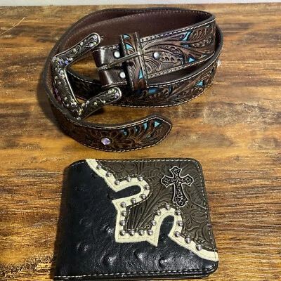 Ariat Western Mujer Cinturón Cuero Estrás Turquesa Marrón A1513402 + Cartera Foto 1 de 4