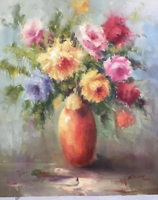 Original Floral Orange Vase Still Life Impressionist LargeOil Painting On Canvas - Image 1 of 4