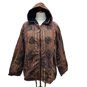 Unisex Patchwork Jacket Cotton Fleece Lined Hooded Festival Boho One Size L/XL - Picture 1 of 9