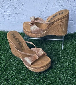 Y2K Playboy Rose Gold L.A Glitter Bow Platform Wedge Sandals Shoes Women's 10 - Picture 1 of 9
