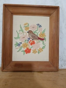 Framed Needlecraft Stitchery Bird Flowers Completed  - Picture 1 of 5