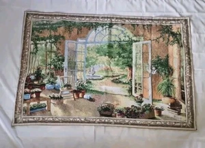 Susan Mink Colclough Vintage Tapestry Wall Art 56x36" French Doors Garden Room - Picture 1 of 9