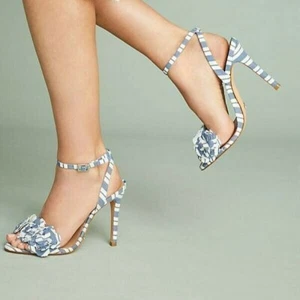 SCHUTZ $190 Aida sz6.5 NIB Heels Flower Applique Dress Blue Stripe Vamp Sandal - Picture 1 of 8