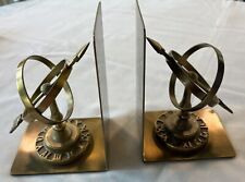Vintage Pair Brass Sundial or Armillary Sphere Bookends Golden MCM Office Decor 