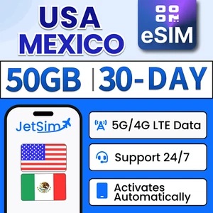 USA Meksyk eSIM -50GB High-Speed, 30-dniowa karta JetSim/Travel SIM - Zdjęcie 1 z 6