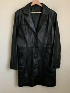 Excelled Collection Coat Black Leather Collared Buttons Pockets Lined Size M - Picture 1 of 12