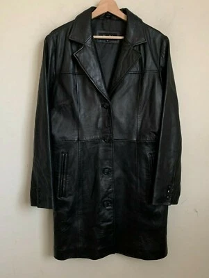 Excelled Collection Coat Black Leather Collared Buttons Pockets Lined Size M - Image 1 of 4