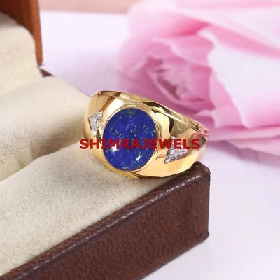 天然 Lapis Lazuli & CZ 镀金 925 纯银男式戒指 #1125 — 第 1/4 张图片