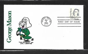 USA HAND PAINTED GEORGE MASON 1981 RICHARD ELLIS ANIMATED FDC + CACHET - Picture 1 of 1