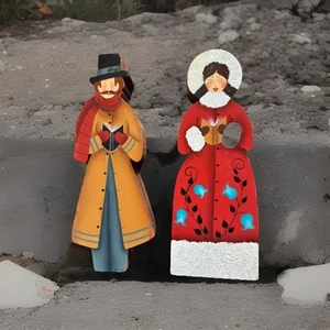 Artfully Handpainted Woodcut Man & Woman Carollers Christmas Holiday Music Decor - Picture 1 of 6