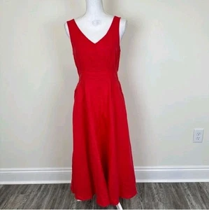 Joie 100% Linen Fit Flair Midi Dress Red With Pockets V-neck Pockets, Size 4 - Picture 1 of 12