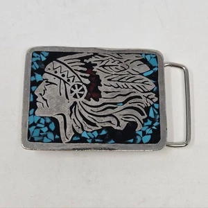 VINTAGE SILBERFARBENE METALL GÜRTELSCHNALLE INDIANER TÜRKIS HERRENMODE HERREN EINHEITSGRÖSSE - Bild 1 von 9
