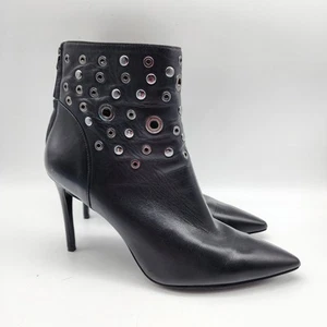 Nine West Grommet Stiletto Boots Pointed Toe Leather Black Zip Up Closed Toe 8.5 - Picture 1 of 12