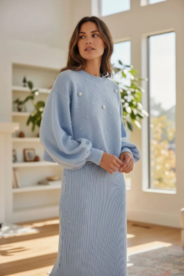 Luxury Soft Sweater Dress Set Blue Pearl Detail Size Large Midi - Image 1 of 4