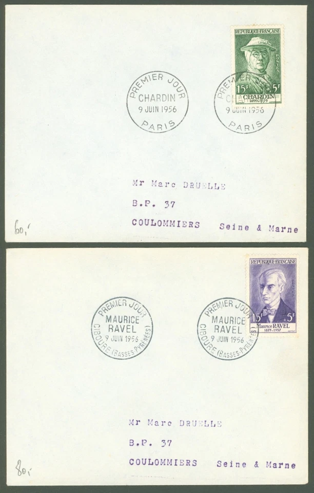 France U08 J-B Chardin Painter - M Ravel Composer - 2 FDC 1956 CV 18 eur - Image 1 of 1
