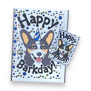 Tricolor Welsh Corgi Dog Happy Birthday Card with Matching Refrigerator Magnet