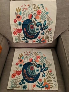 Two Bird & Floral Pillow Covers - 16" x 16" - Picture 1 of 2