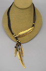 NWT Black Cord Necklace Asymmetrical Leaf Choker Bib Pendant Charm Tassel Tribal