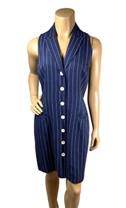 Hugo Buscati Milano Blue Pinstripe Dress Size 10 V Neck Sleeveless Button Front - Picture 1 of 9