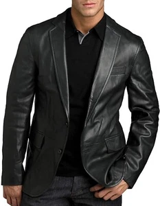 Men's Genuine Lambskin Black Blazer Two Button Slim Fit Coat Real Leather Jacket - Picture 1 of 4