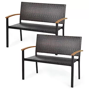 Set of 2 Patio Wicker Bench All Weather Rattan Chair Loveseat w/ Acacia Armrest - Picture 1 of 10