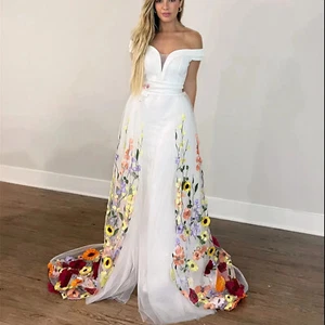 White 3D Flowers Wedding Dresses Off the Shoulders Tulle A-line Bridal Gowns ﻿ - Picture 1 of 6