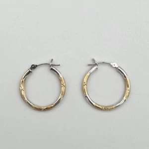 14K 2Tone Yellow & White Gold Diamond-Cut 3/4" Polished & Textured Hoop Earrings - Picture 1 of 10