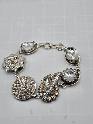 Handmade Mixed Media Rhinestone Bracelet Vtg Contemporary Jewelry OOAK 8" Retro - Image 1 of 4