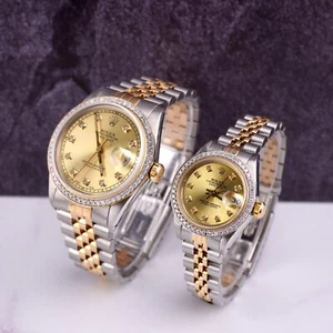 Rolex SET Datejust 26/36mm 18k Yellow Gold & Steel ICED 1.50ct Diamond Gold Dial - Picture 1 of 5