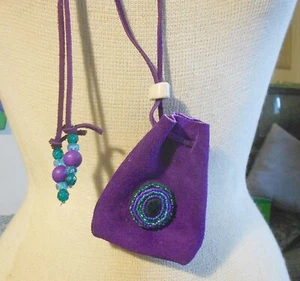 Green Abalone Shell Purple Suede Leather Beaded Drawstring Necklace Coin Purse - Picture 1 of 5
