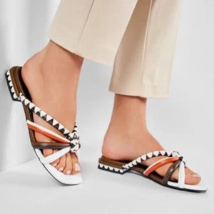 FURLA Aztec Fabi Genuine Leather white orange sandals slides boho cottage 38 8 - Picture 1 of 11
