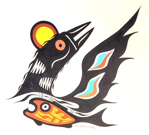 NOAH SAINNAWAP (NATIVE CANADIAN, 1954-2005) BIRD/FISH; 18"x 15" Original Acrylic - Picture 1 of 8