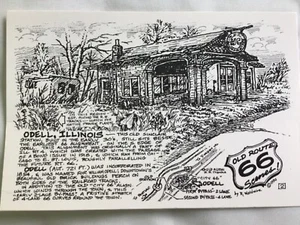 Bob Waldmire Route 66 Postkarte "O'Dell Illinois Sinclair Tankstelle" Kostenloser Versand - Bild 1 von 2
