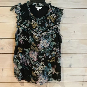 Lauren Conrad Ladies Large Ruffle Sleeve Floral Romantic Dark & Moody Shirt - Picture 1 of 7