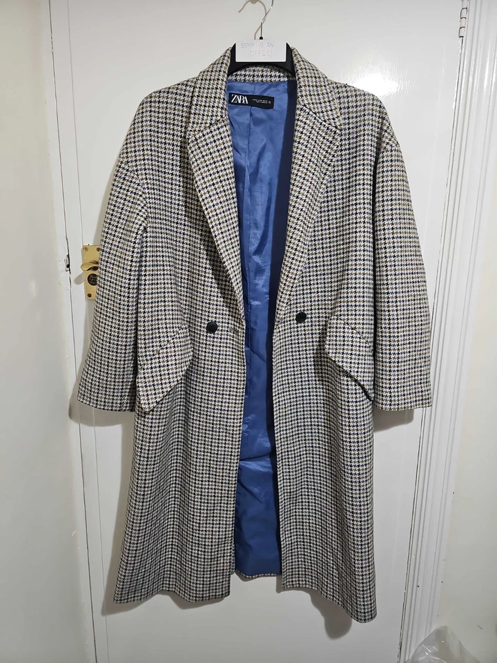 Abrigo de mujer Zara beige mezcla de lana a cuadros largo talla S 22Pt, 42L Foto 1 de 4