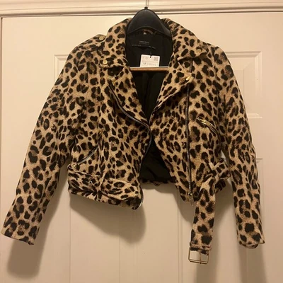 Zara Basic Leopard Print Short Biker Bomber Crop Jacket with belt Medium 5 NEW - Image 1 of 4