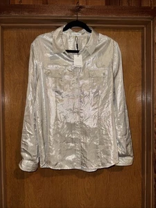 Calvin Klein Gold Metallic Button Top Long Sleeve Roll Up Button Blouse Large - Picture 1 of 6