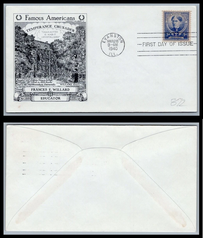 US FDC # 872 5c Frances Elizabeth Willard  Williams SOC/ALUM   1940, 9Q3065 - Image 1 of 1