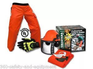 Chainsaw Safety Chaps With Forestry Helmet Chainsaw Gloves And Safety Glasses - Picture 1 of 1