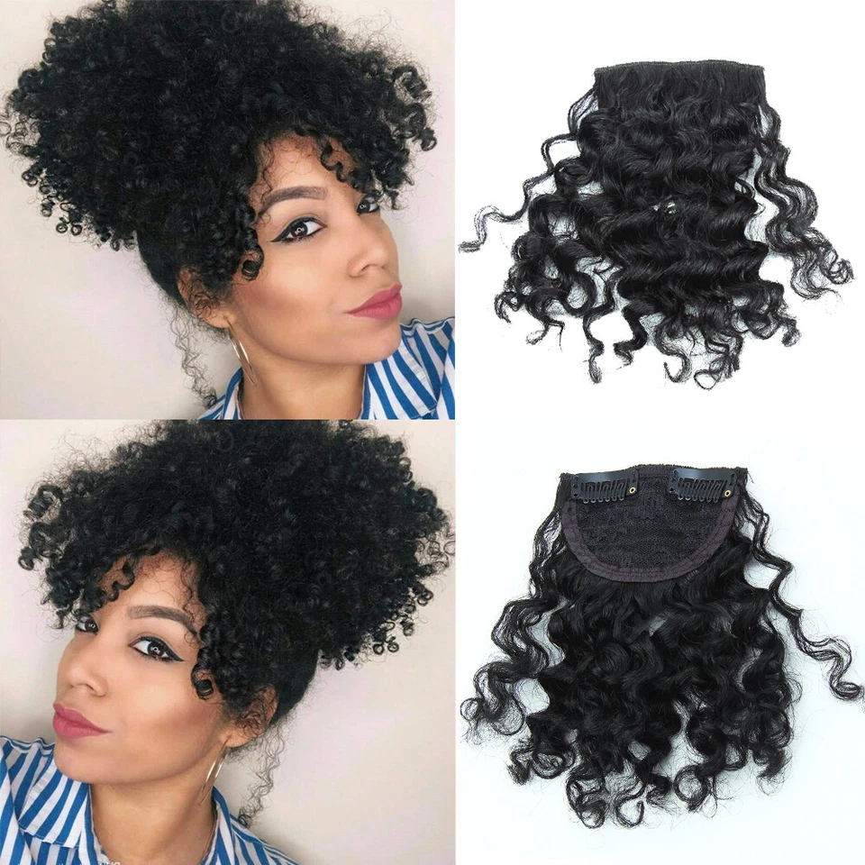 Clip In 100% Human Hair Curly Bangs Clip on Curly Hairpieces Fringe Extensions - Bild 1 von 4