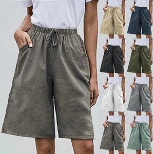 Women Plus Size Solid Cropped Trousers Cotton Linen Pocket Summer Casual Shorts - Picture 1 of 25
