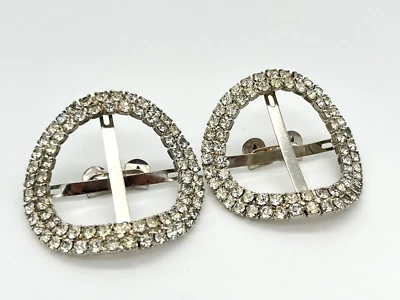 Vintage Rhinestone Shoe Clips Oval Silver Tone Sparkle Shoe Buckles - Image 1 of 4