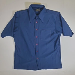 JCPenney Navy Blue MW Tapered No Iron VTG 70s - Mens L Button Up Shirt Top Nylon - Picture 1 of 11