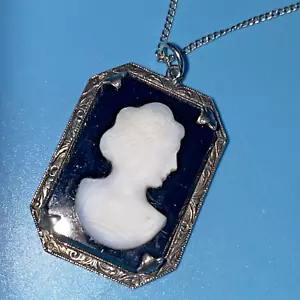 Sterling 925 Filigree Black-White Cameo Pendant Art Deco 14” Sterling Chain VTG - Picture 1 of 15